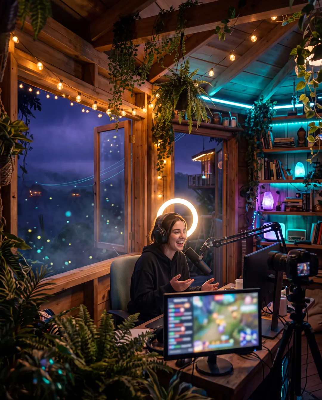 Eine Streamerin lacht vor Ringlicht und Mikrofon in einem Baumhaus voller Pflanzen