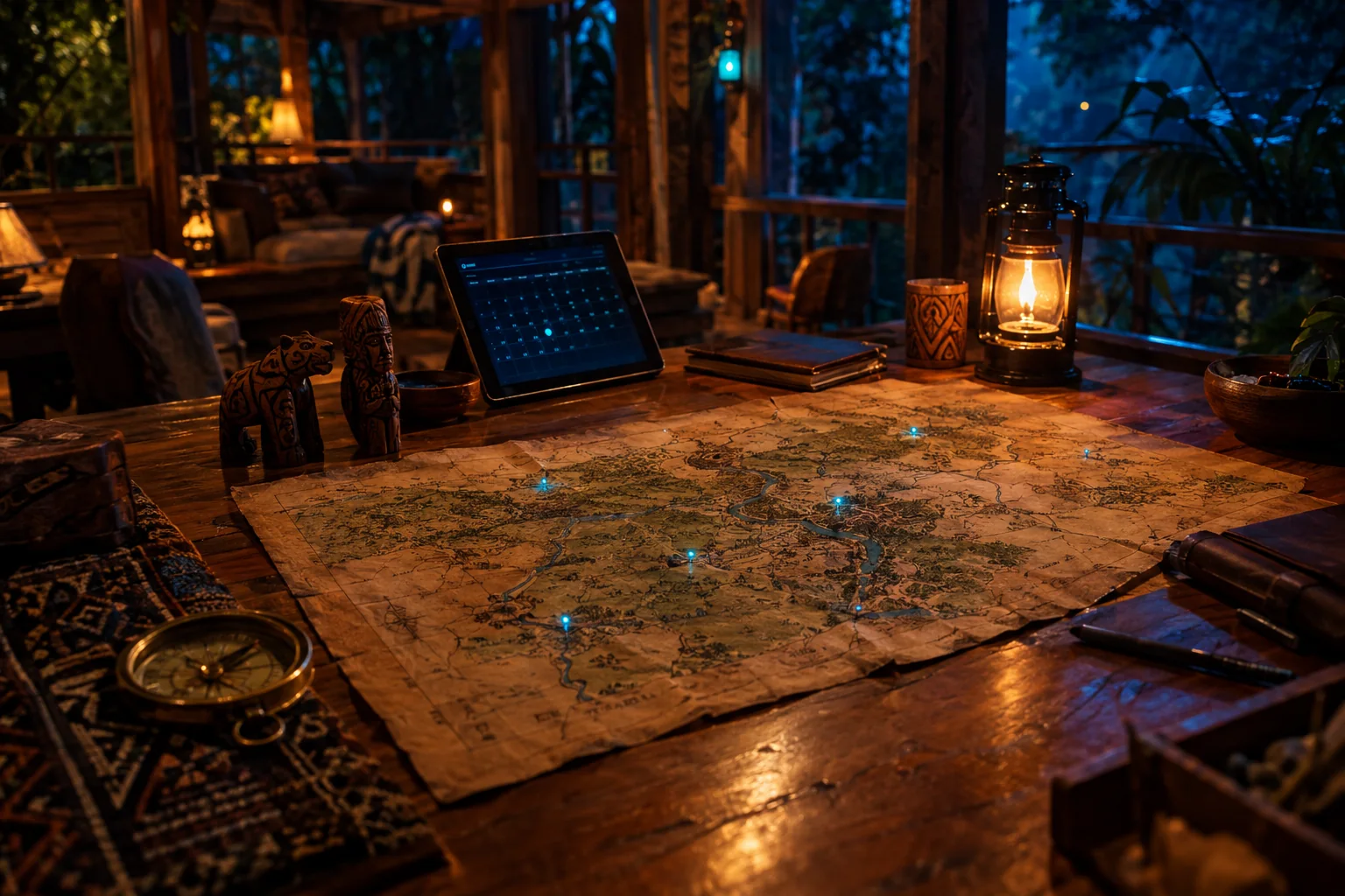 Eine Landkarte mit leuchtenden Pins auf dem Holztisch, daneben ein Tablet mit Kalender und eine Laterne