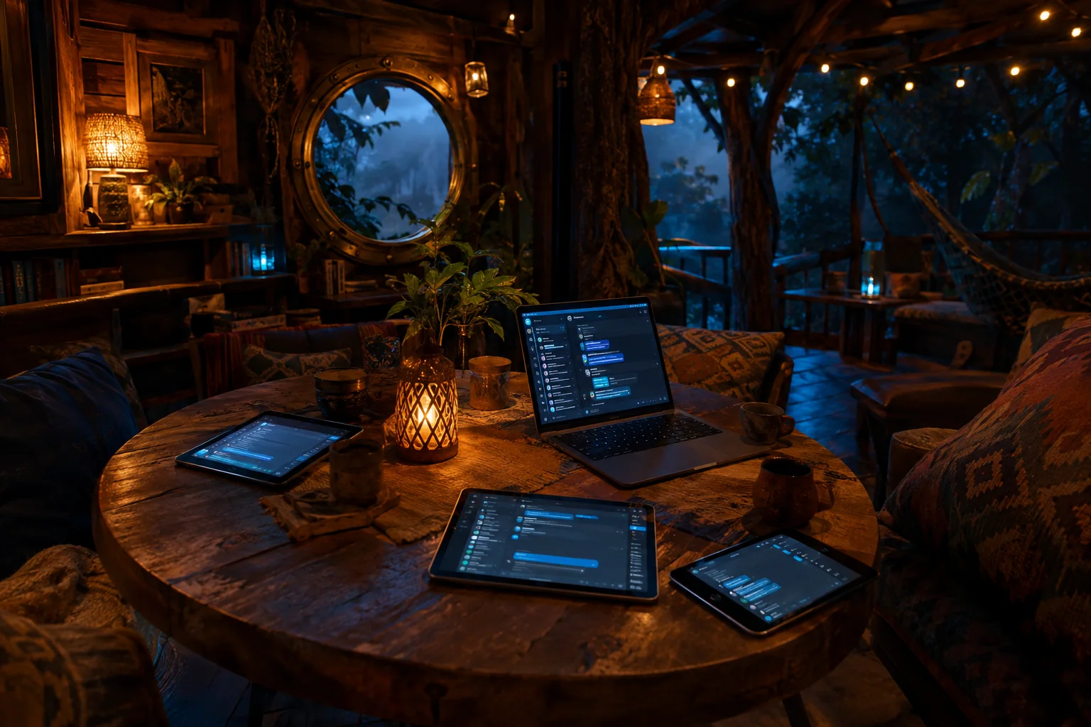 Ein runder Holztisch im Baumhaus mit Laptop und Tablets, auf denen der Funkraum offen ist, warmes Kerzenlicht